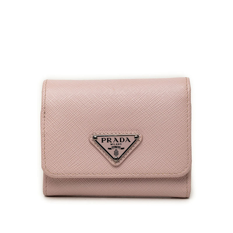 プラダ 三角ロゴプレート サフィアーノ 三つ折り財布 ライトピンク レザー レディース PRADA 中古