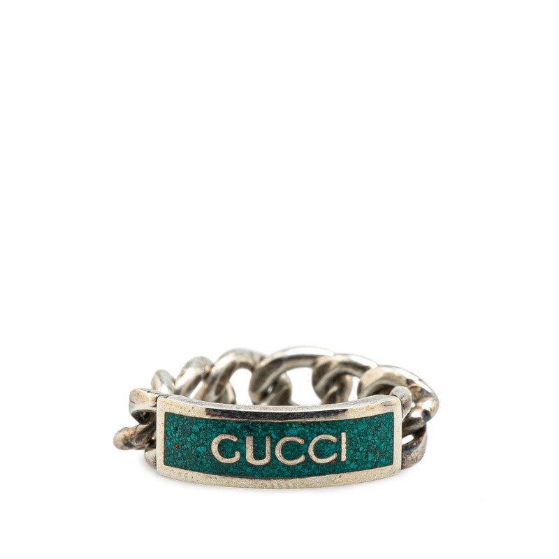 グッチ ゴルメットチェーン ロゴプレート リング 指輪 #22 ターコイズブルー SV925 シルバー エナメル メンズ GUCCI 【中古】