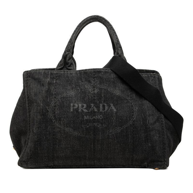 プラダ 三角ロゴプレート カナパ トートバッグ ショルダーバッグ 2WAY B2642B ブラック ネロ デニム レディース PRADA 中古