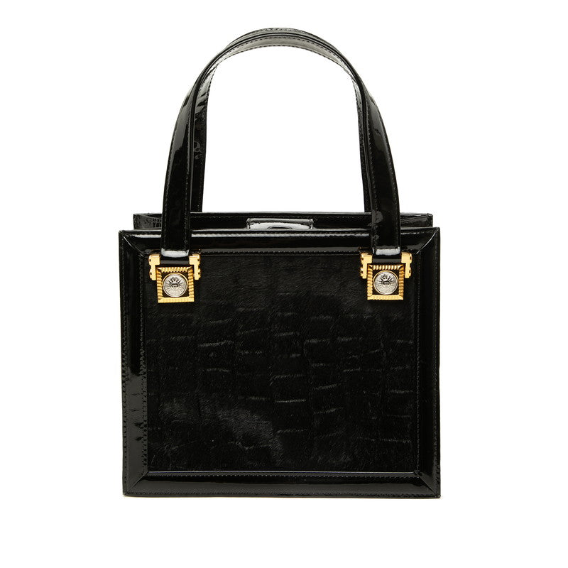 ヴェルサーチェ ハンドバッグ ブラック エナメル ハラコ レディース VERSACE 中古