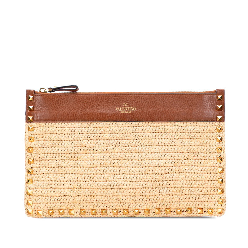 ヴァレンティノ スタッズ クラッチバッグ ブラウン ゴールド ストロー レザー レディース VALENTINO 【中古】