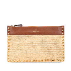 ヴァレンティノ スタッズ クラッチバッグ ブラウン ゴールド ストロー レザー レディース VALENTINO 【中古】