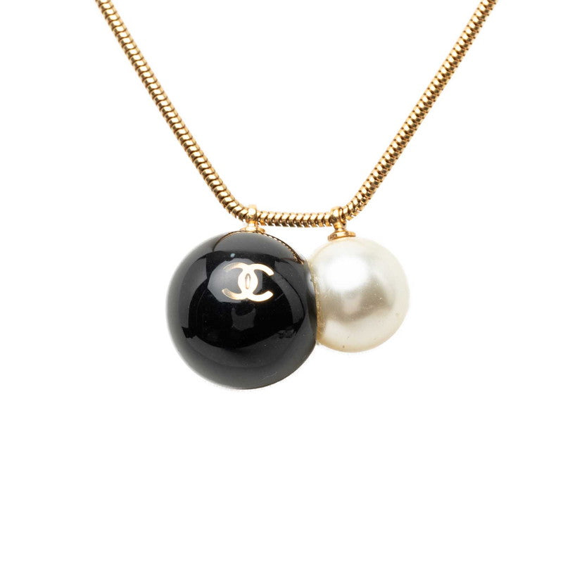 シャネル ココマーク ボール チェーン ネックレス ゴールド ブラック メッキ フェイクパール プラスチック レディース CHANEL 【中古】