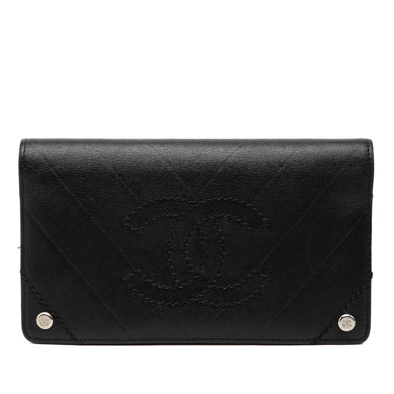 シャネル Vステッチ ココマーク 二つ折り 長財布 ブラック ラムスキン レディース CHANEL 中古