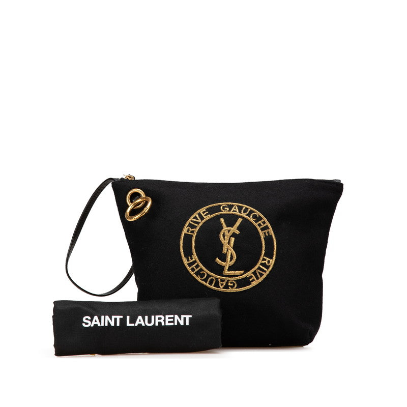 サンローラン リヴゴーシュ クラッチバッグ ポーチ  ブラック ウール レザー レディース SAINT LAURENT 【中古】