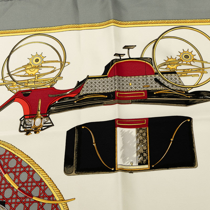 エルメス カレ90 LES VOITURES A TRANSFORMATION 折畳み式幌の馬車 スカーフ グレー ホワイト マルチカラー シルク レディース HERMES 【中古】