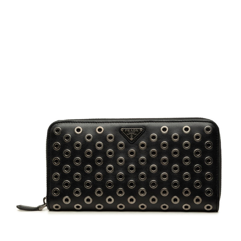 プラダ 三角ロゴプレート メタルパンチング ラウンドファスナー 長財布 ブラック レザー レディース PRADA 中古