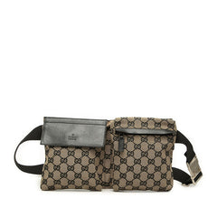 グッチ GGキャンバス ボディバッグ ウェストバッグ 018 1621 ベージュ ブラック キャンバス レザー レディース GUCCI 中古