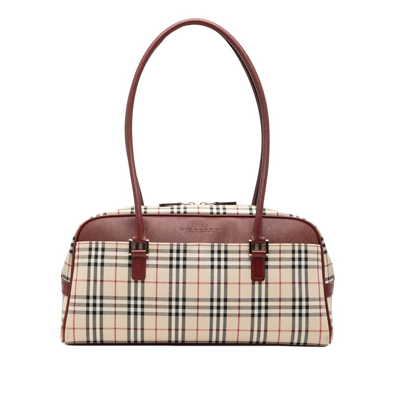 バーバリー ノバチェック ハンドバッグ ベージュ ボルドー キャンバス レザー レディース BURBERRY 中古