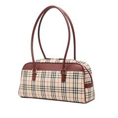 バーバリー ノバチェック ハンドバッグ ベージュ ボルドー キャンバス レザー レディース BURBERRY 中古