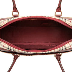 バーバリー ノバチェック ハンドバッグ ベージュ ボルドー キャンバス レザー レディース BURBERRY 中古