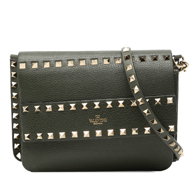 ヴァレンチノ ロックスタッズ 斜め掛け ショルダーバッグ カーキ レザー レディース Valentino 【中古】