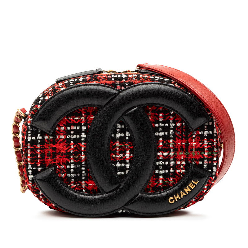 シャネル ココマーク チェーン ショルダーバッグ レッド ブラック ツイード レザー レディース CHANEL 【中古】