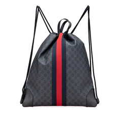 グッチ GGスプリーム シェリーライン ドローストリング リュック バックパック 473872 グレー ブラック PVC レザー レディース GUCCI 【中古】