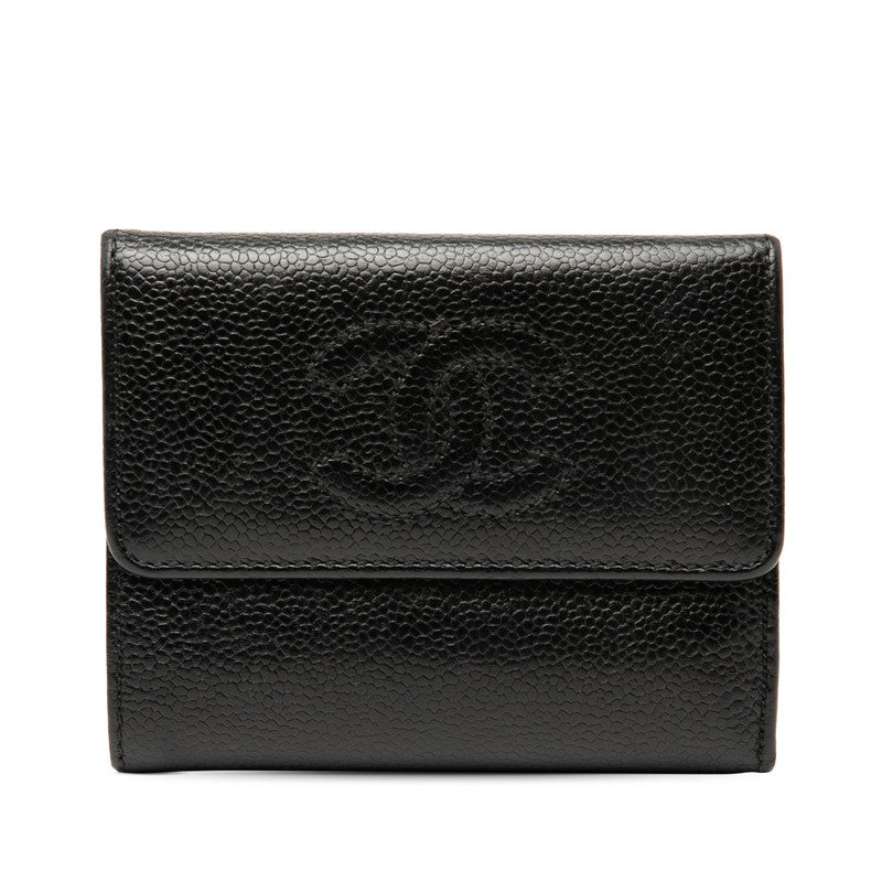 シャネル ココマーク 三つ折り財布 ブラック キャビアスキン レディース CHANEL 【中古】