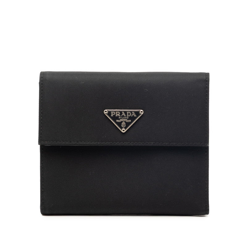 プラダ 三角ロゴプレート 三つ折り財布 M170 ネロ ブラック ナイロン レザー レディース PRADA 【中古】