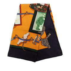 エルメス カレ90 Memoire d’Hermes エルメスの思い出 スカーフ 大判 ネイビー オレンジ系 シルク レディース HERMES 【中古】