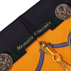 エルメス カレ90 Memoire d’Hermes エルメスの思い出 スカーフ 大判 ネイビー オレンジ系 シルク レディース HERMES 【中古】
