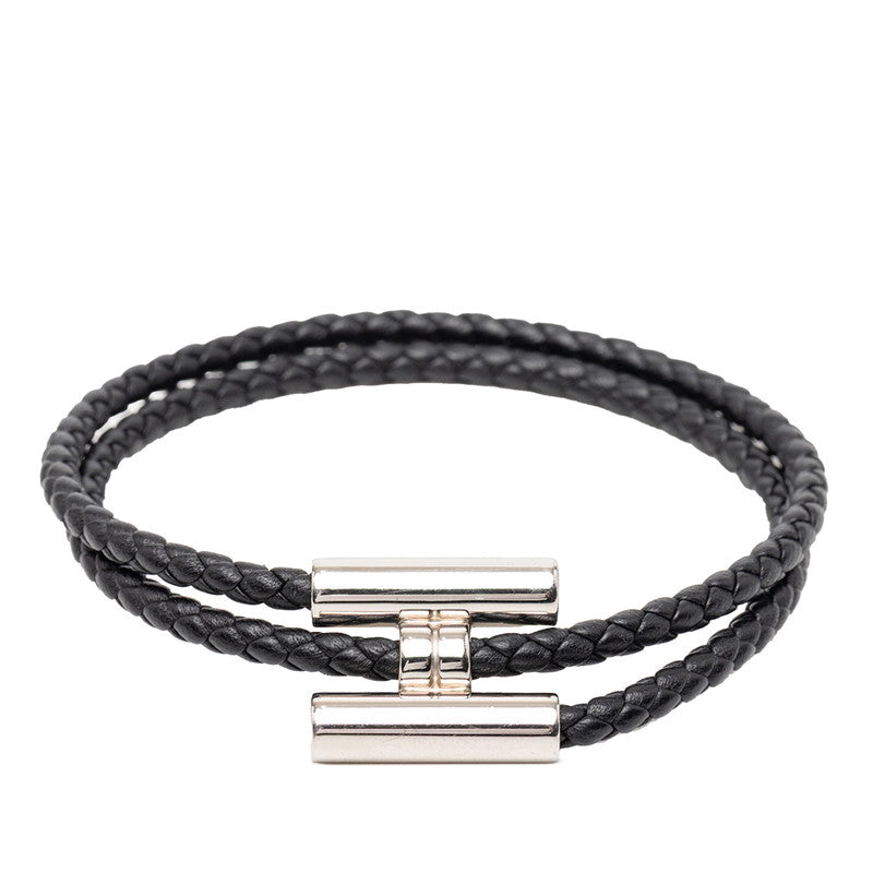 エルメス トゥルニ トレッセ ブレスレット 二連 ブラック シルバー金具 レザー メッキ メンズ HERMES 【中古】