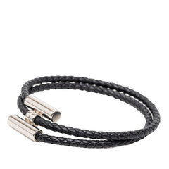 エルメス トゥルニ トレッセ ブレスレット 二連 ブラック シルバー金具 レザー メッキ メンズ HERMES 【中古】