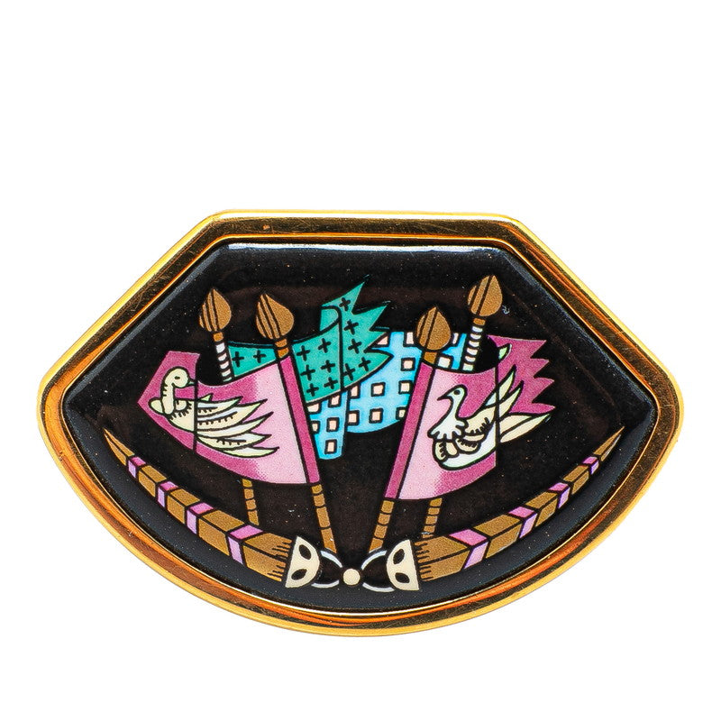 エルメス エマイユ 七宝焼き 旗 モチーフ ブローチ ゴールド ブラック マルチカラー メッキ レディース HERMES 【中古】