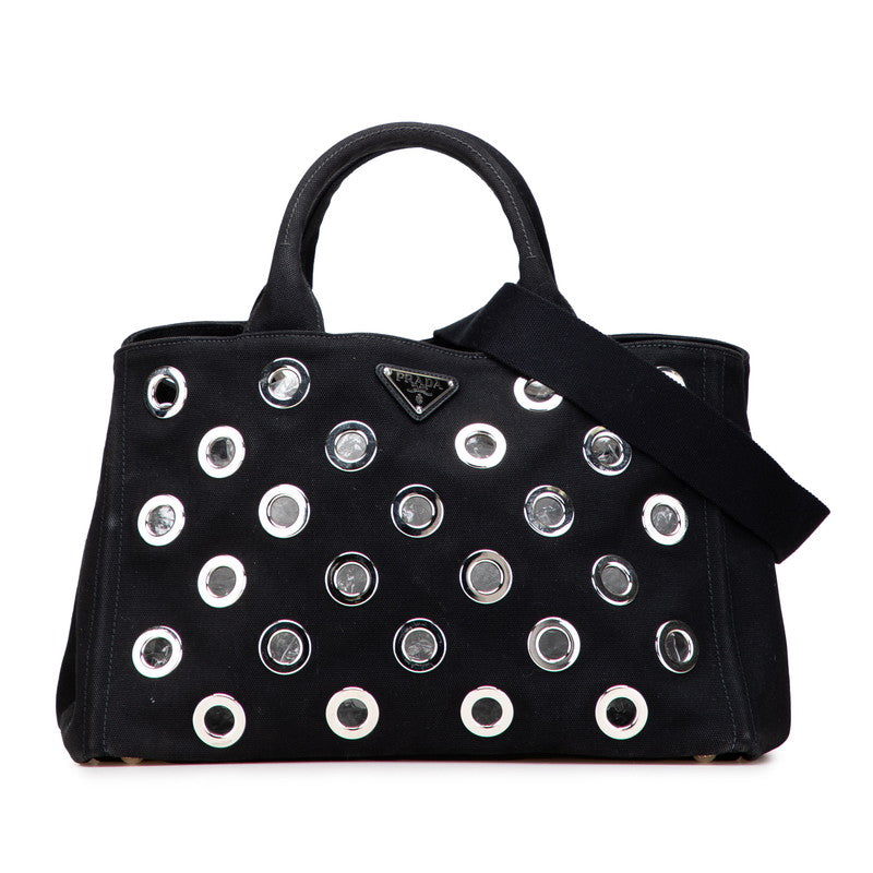 プラダ カナパ グロメット 三角ロゴプレート トートバッグ ショルダーバッグ 2WAY 1BG642 ブラック キャンバス レディース PRADA 【中古】