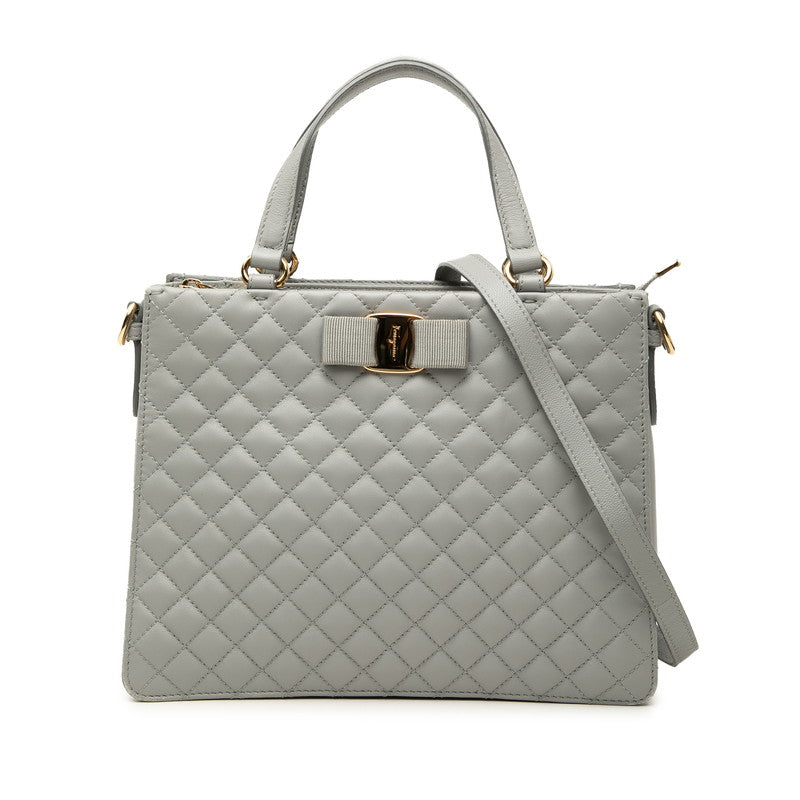 サルヴァトーレフェラガモ キルティング ヴァラリボン ハンドバッグ ショルダーバッグ 2WAY グレー レザー レディース Salvatore Ferragamo 【中古】