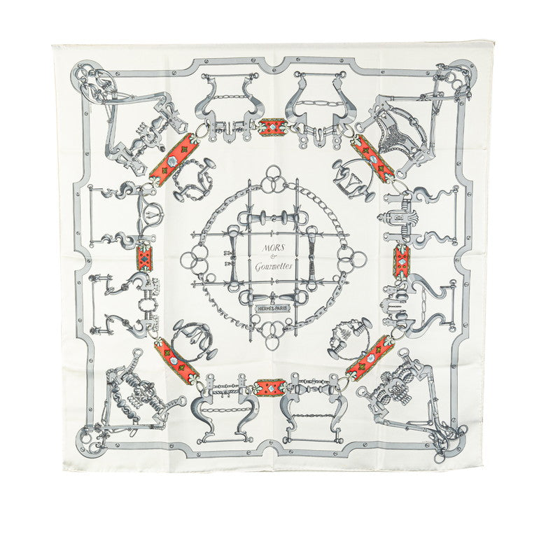 エルメス カレ90 MORS ETGOURMETTES 馬術と鎖 スカーフ ホワイト シルバー マルチカラー シルク レディース HERMES 【中古】