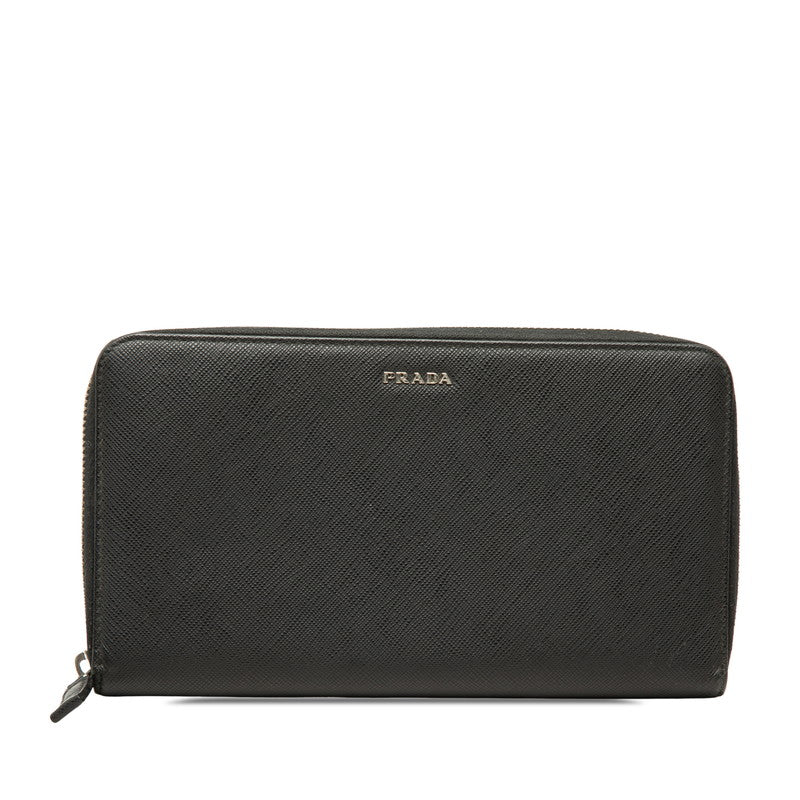 プラダ ロゴ 長財布 ラウンドファスナー ブラック レザー レディース PRADA 中古