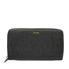 プラダ ロゴ 長財布 ラウンドファスナー ブラック レザー レディース PRADA 中古
