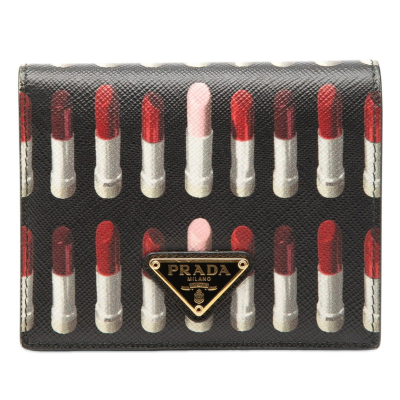 プラダ 三角ロゴプレート リップスティック プリント 二つ折り財布 ブラック サフィアーノレザー レディース PRADA 【中古】