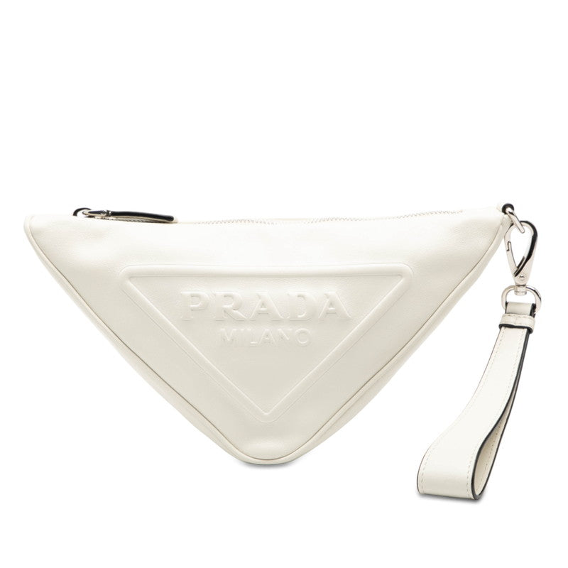 プラダ 三角ロゴプレート トライアングル ポーチ クラッチバッグ 1NE039 ホワイト レザー レディース PRADA 【中古】