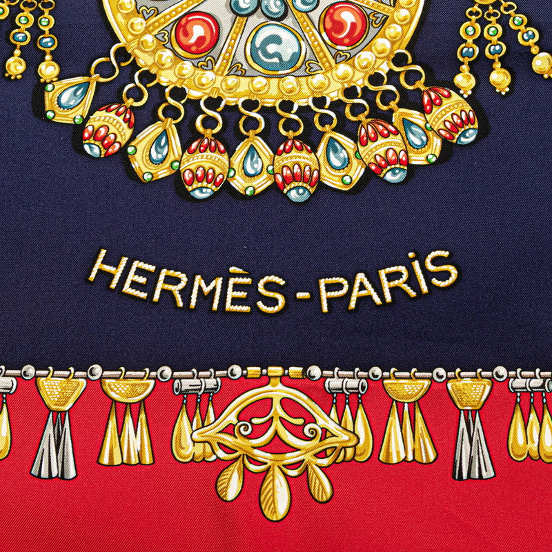 エルメス カレ90 PARURES DES SABLES 砂漠のアクセサリー スカーフ ネイビー レッド シルク レディース HERMES 【中古】