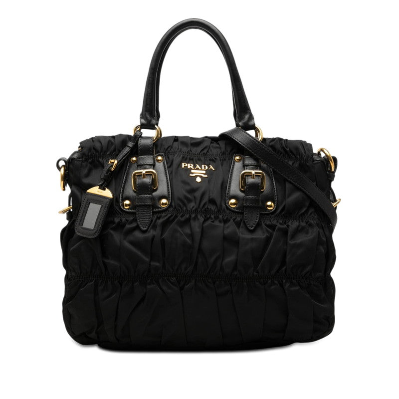 プラダ ギャザー ロゴ トートバッグ ショルダーバッグ 2WAY BN2346 ブラック ナイロン レザー レディース PRADA 【中古】