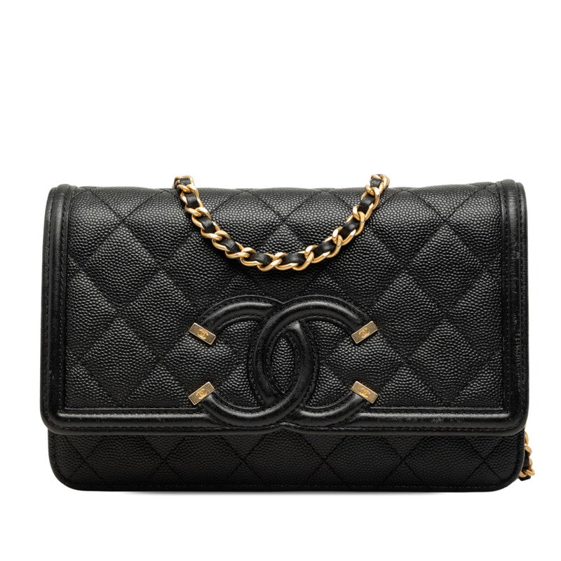 シャネル CCフィリグリー ココマーク チェーン ショルダーバッグ ウォレット ブラック キャビアスキン レディース CHANEL 中古