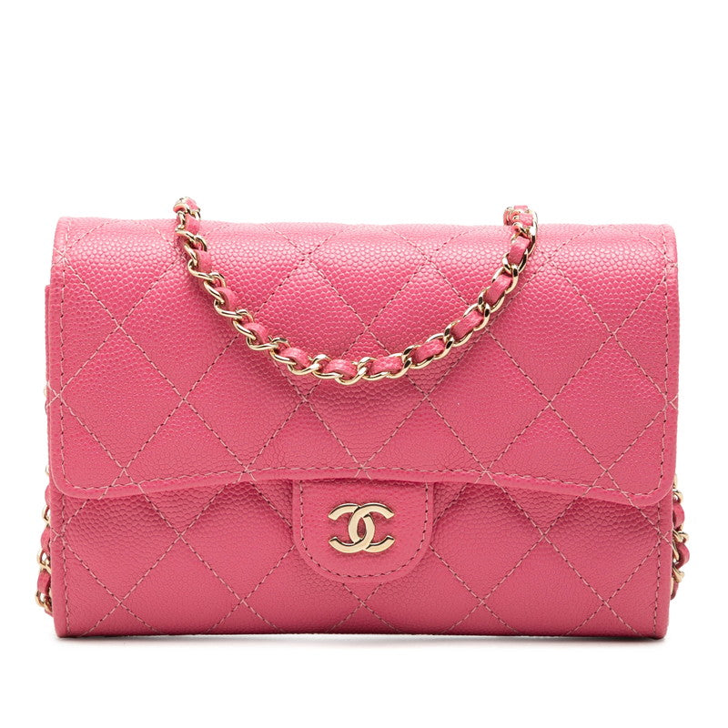 シャネル マトラッセ ココマーク チェーン ウォレット ショルダーバッグ ピンク キャビアスキン レディース CHANEL 中古
