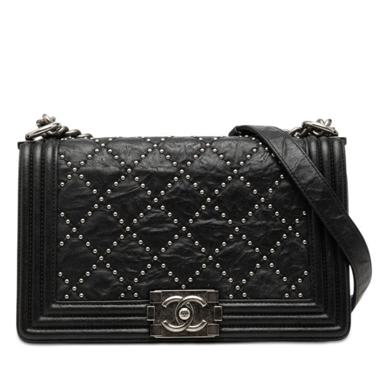 シャネル ココマーク スタッズ ボーイシャネル チェーン ショルダーバッグ ブラック カーフ レディース CHANEL 【中古】