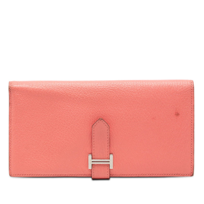 エルメス ベアン スフレ 長財布 ピンク系 フラミンゴ シルバー金具 シェーブル レザー レディース HERMES 【中古】