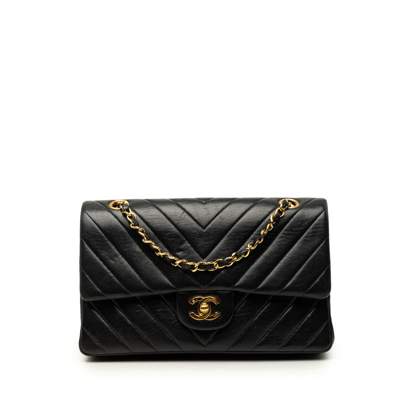 シャネル シェブロン Vステッチ ココマーク Wフラップ チェーン ショルダーバッグ ブラック ラムスキン レディース CHANEL 中古