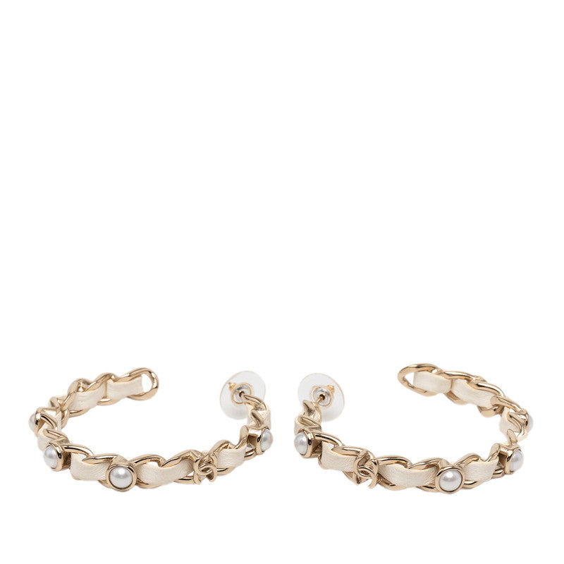 シャネル フープピアス ゴールド ホワイト メッキ レザー フェイクパール レディース CHANEL 【中古】