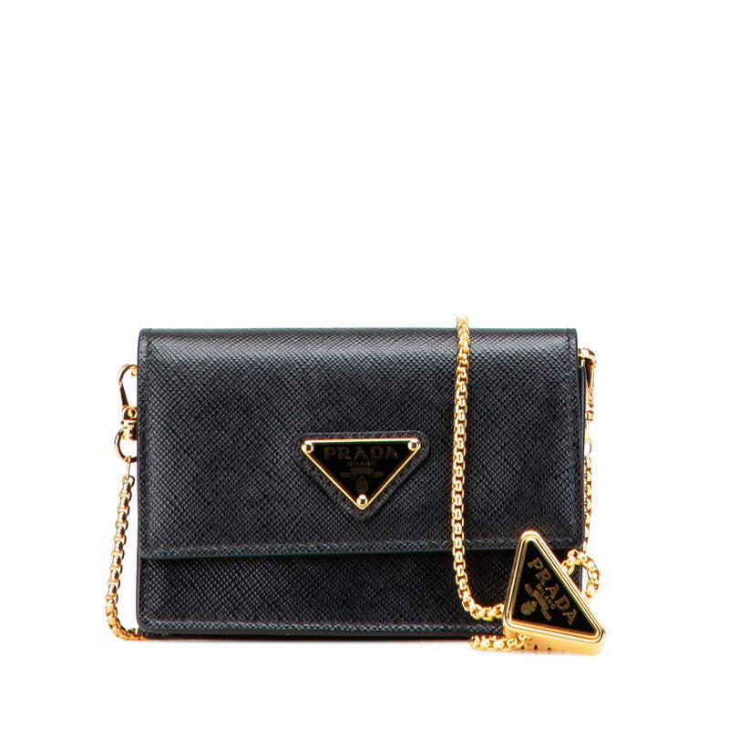 プラダ 三角ロゴプレート チェーン ショルダーバッグ ブラック サフィアーノレザー レディース PRADA 【中古】