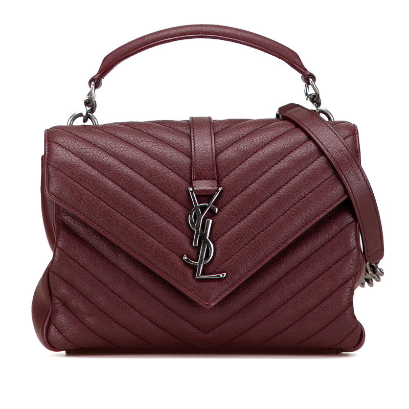 サンローラン YSLロゴ カレッジバッグ ハンドバッグ ショルダーバッグ 2WAY ワインレッド シルバー レザー レディース SAINT LAURENT 【中古】