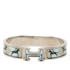 エルメス クリッククラックPM クリックH 騎馬 ホース バングル ベージュ シルバー ブルー メタル エナメル レディース HERMES 【中古】