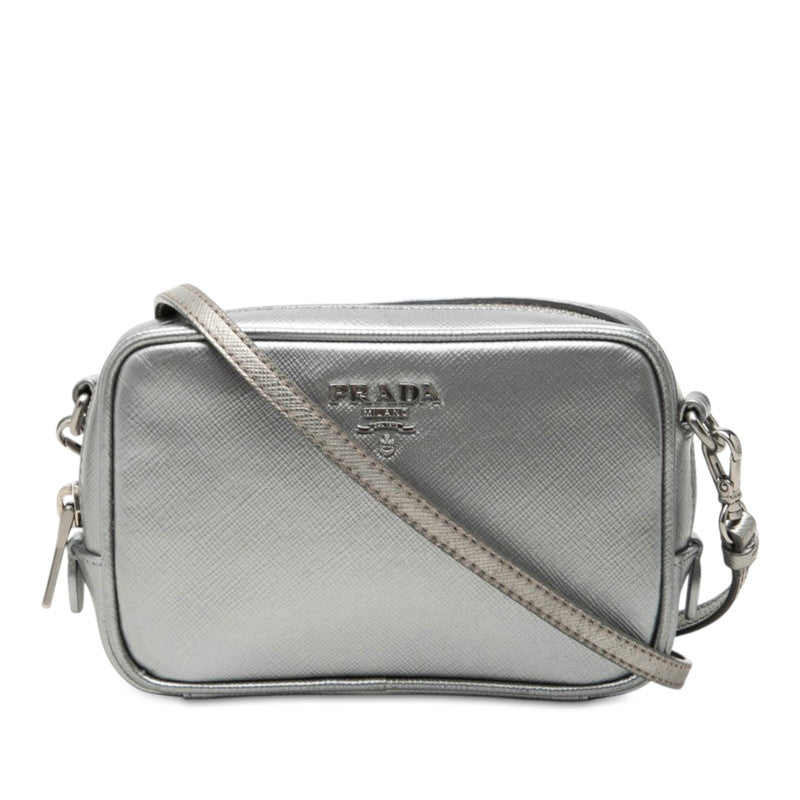 プラダ ロゴ 斜めかけ ショルダーバッグ カメラバッグ シルバー サフィアーノレザー レディース PRADA 【中古】