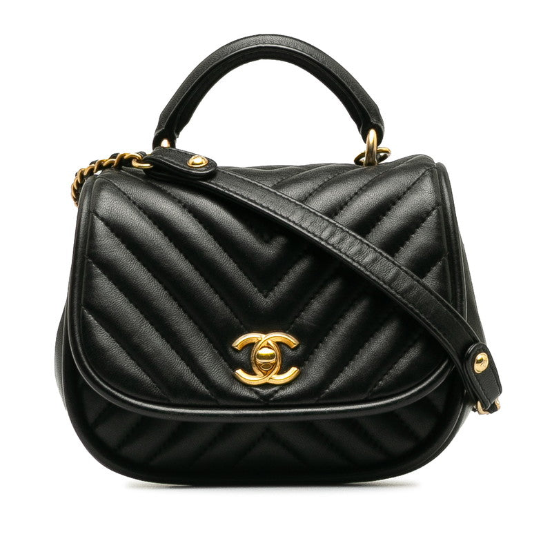 シャネル ココマーク Vステッチ トップハンドル 斜め掛け チェーン ショルダーバッグ ブラック レザー レディース CHANEL 中古