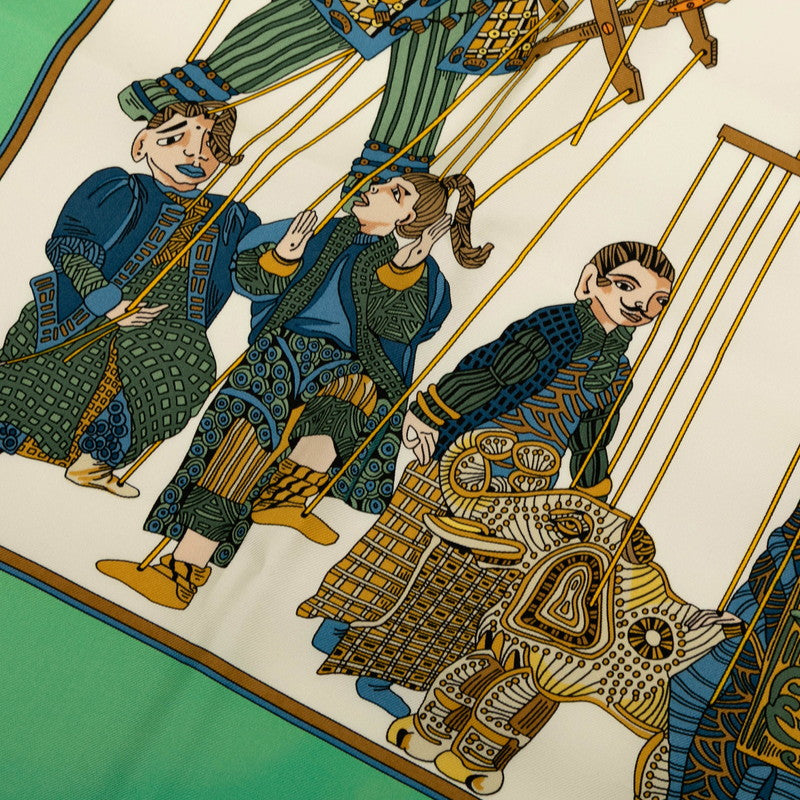 エルメス カレ90 LE TEMPS des MARIONNETTES マリオネットの時間 スカーフ グリーン ホワイト マルチカラー シルク レディース HERMES 【中古】