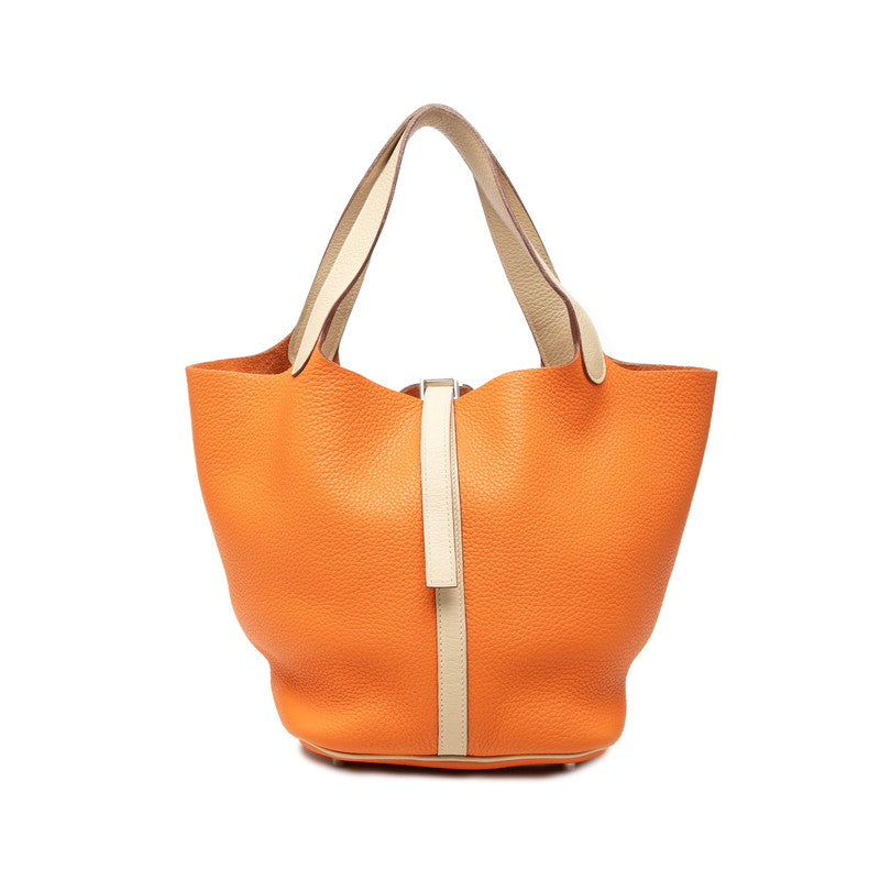 エルメス ピコタンロックMM ハンドバッグ オレンジ アイボリー系 シルバー金具 トリヨンクレマンス レディース HERMES 中古