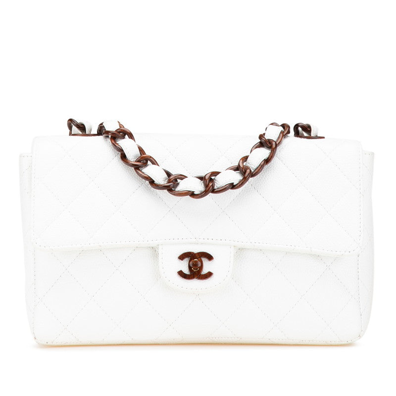 シャネル マトラッセ ココマーク ウッド チェーン ショルダーバッグ ホワイト ブラウン キャビアスキン レディース CHANEL 【中古】