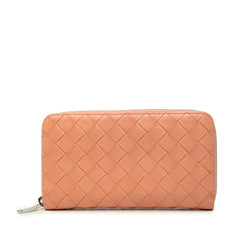 ボッテガヴェネタ イントレチャート ラウンドファスナー 長財布 ピンク系 レザー レディース BOTTEGAVENETA 中古