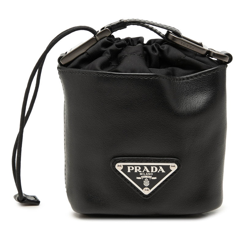 プラダ 三角ロゴプレート ポーチ 巾着バッグ 2TL386 ブラック レザー ナイロン レディース PRADA 中古